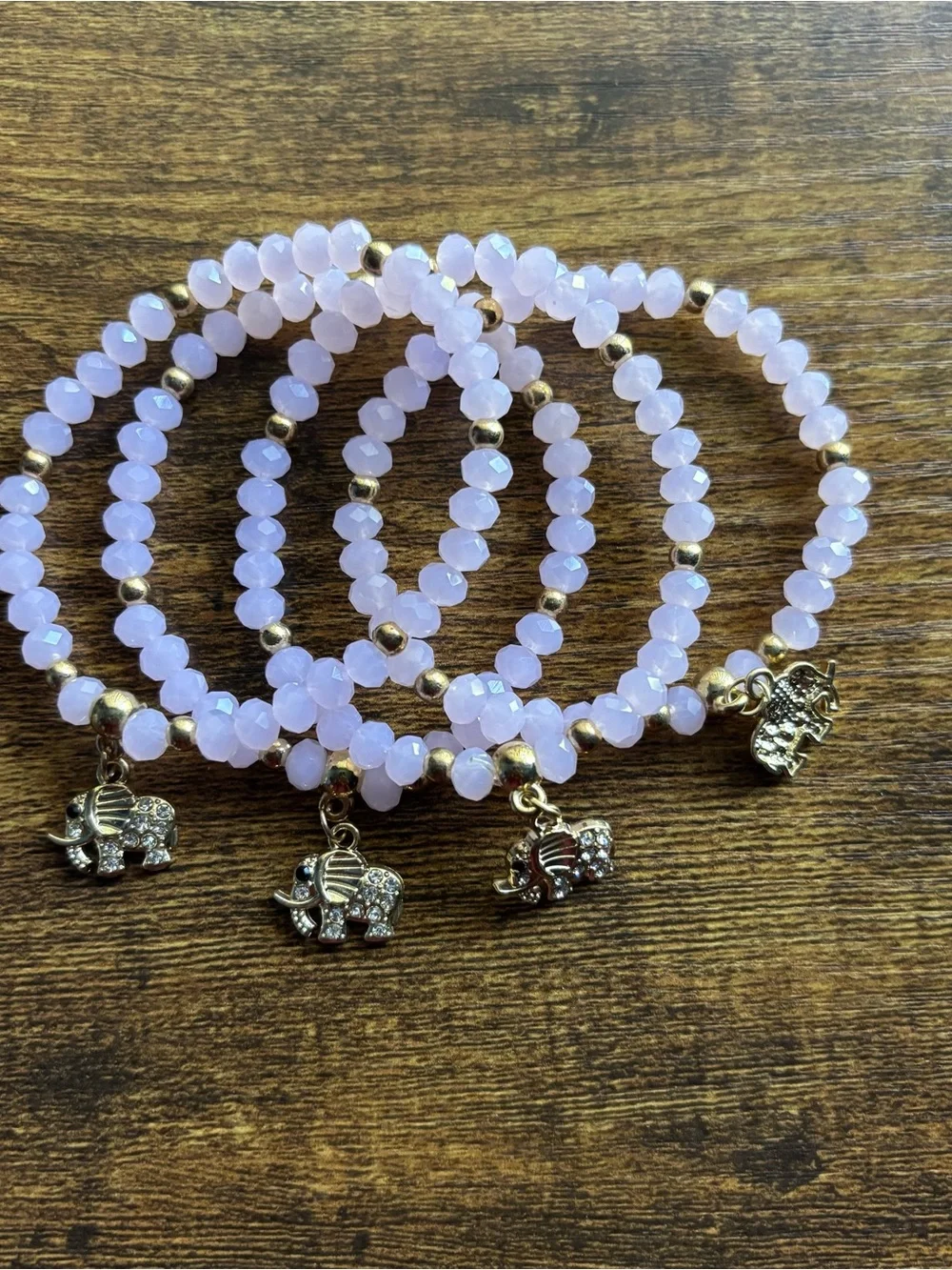 4pcs Gold Elephant Charm Pink Crystal Beaded Handmade Stretch Bracelet Set